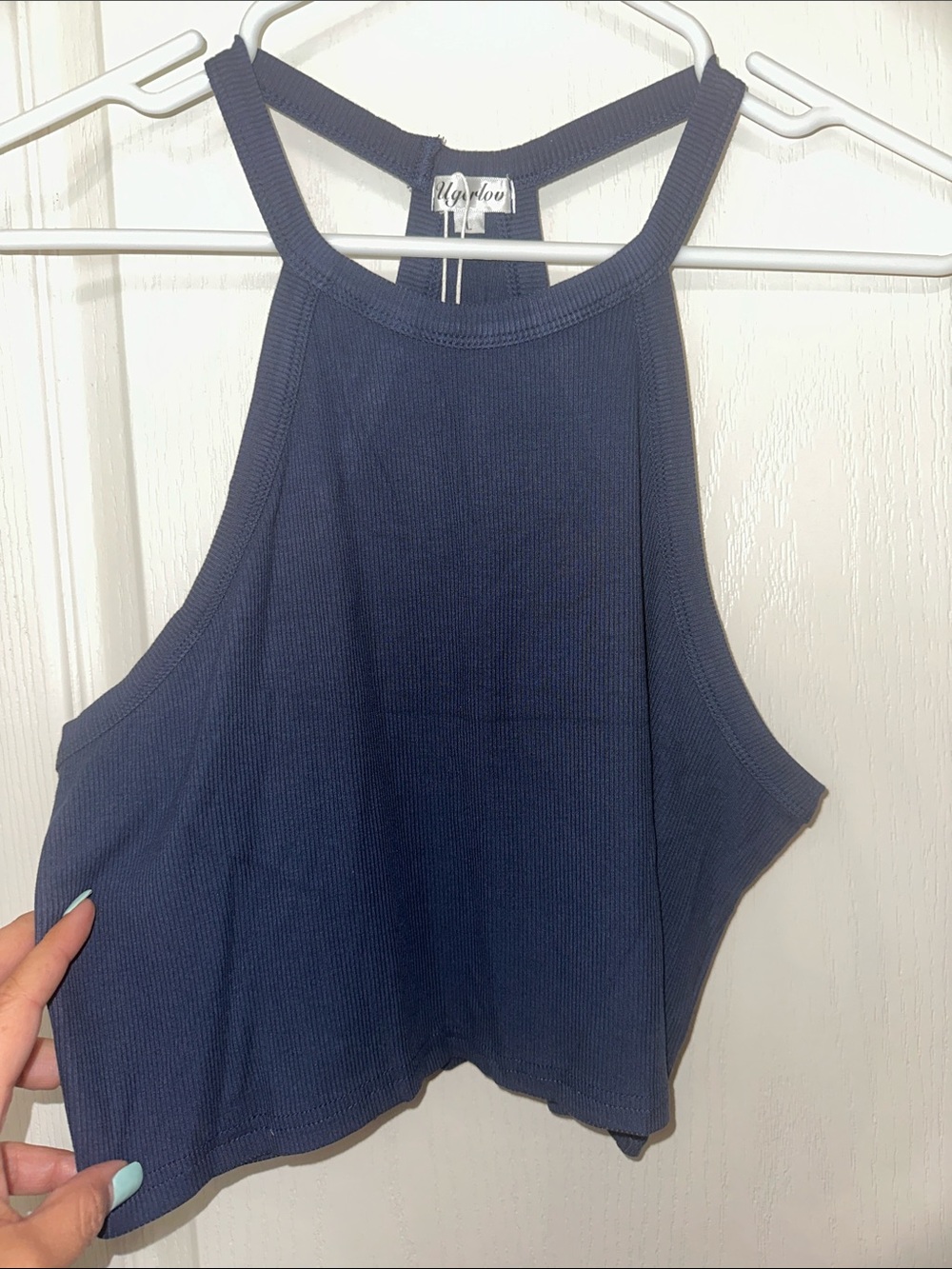 a'gaci Navy Ribbed High Neck Crop Tank